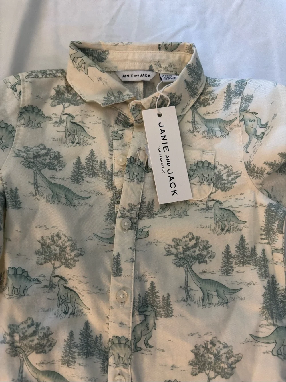 Janie and Jack Cream Unisex One-Piece with Green Dino Scene